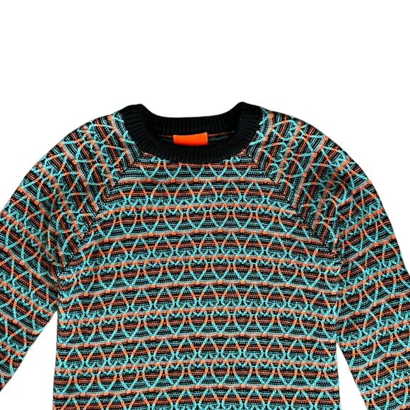 Angus Chiang Men’s Unisex Chunky Knit Interwoven Neon Orange Blue Hearts Sweater - Picture 2 of 7